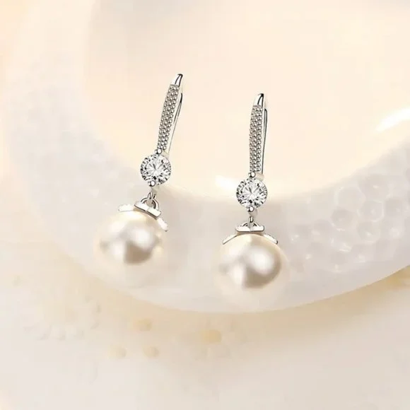 925 Sterling silver Pretty crystal pearl earrings for women fashion designer - Picture 2 of 6